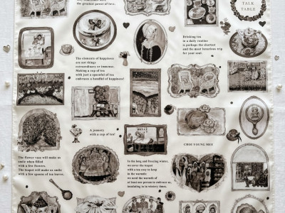 ARCHIVE ART SILK SCARF/ TEA TALK TABLE ILLUSTRATIONS